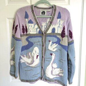 Vintage Storybook Knits Swan Lake Castle cardigan size M